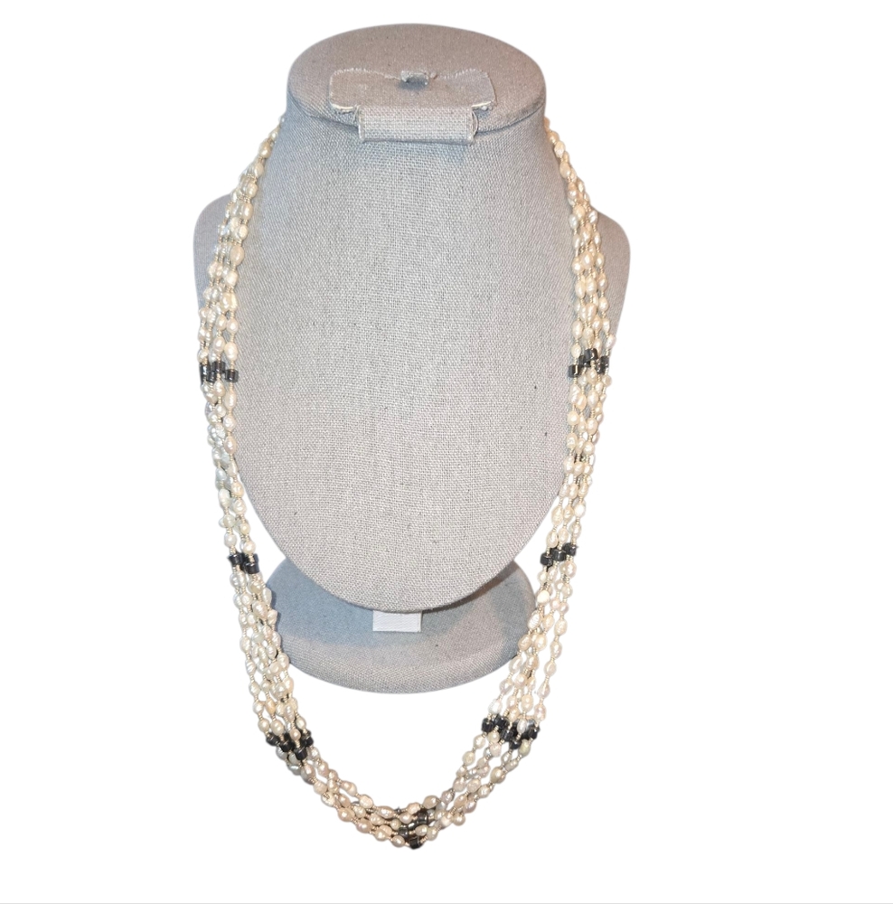Vintage 925 Sterling Silver Rice‎ Pearl & Onyx Beaded 4 Strand Necklace 28" Long